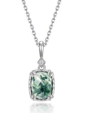 Silver Green Moss Agate Cushion Cut Pendant Necklace - Women Jewelry Halo S925
